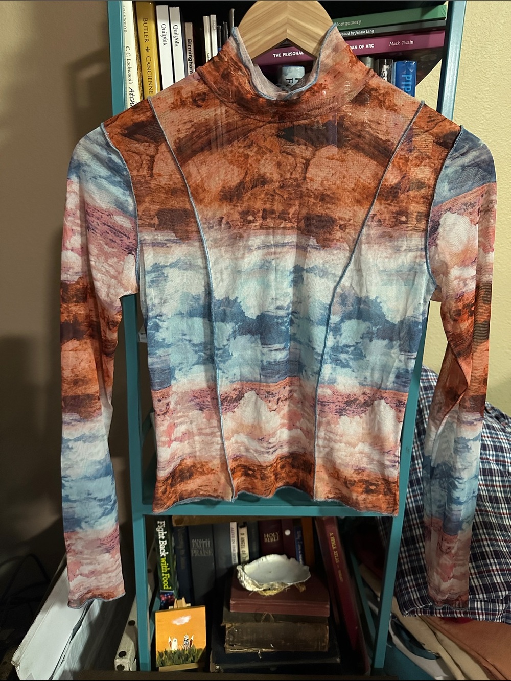 wild fable Rust, Blue & White Desert Scene Mock Neck Long-Sleeve Sheer Top